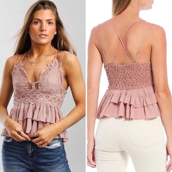 NEW FP FREE PEOPLE Pink Adella Lace Tiered Ruffle Strappy Camisole Tank Top XS - Picture 11 of 14